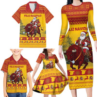 Personalized Spain Christmas Family Matching Long Sleeve Bodycon Dress and Hawaiian Shirt Santa Riding Red Bull Feliz Navidad - Wonder Print Shop