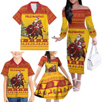 Personalized Spain Christmas Family Matching Off The Shoulder Long Sleeve Dress and Hawaiian Shirt Santa Riding Red Bull Feliz Navidad - Wonder Print Shop