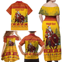 Personalized Spain Christmas Family Matching Off Shoulder Maxi Dress and Hawaiian Shirt Santa Riding Red Bull Feliz Navidad - Wonder Print Shop