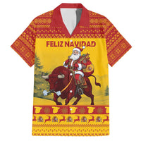 Personalized Spain Christmas Family Matching Off Shoulder Short Dress and Hawaiian Shirt Santa Riding Red Bull Feliz Navidad - Wonder Print Shop