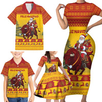 Personalized Spain Christmas Family Matching Short Sleeve Bodycon Dress and Hawaiian Shirt Santa Riding Red Bull Feliz Navidad - Wonder Print Shop