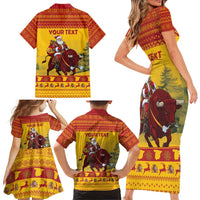 Personalized Spain Christmas Family Matching Short Sleeve Bodycon Dress and Hawaiian Shirt Santa Riding Red Bull Feliz Navidad - Wonder Print Shop