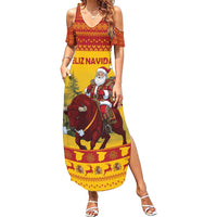 Personalized Spain Christmas Family Matching Summer Maxi Dress and Hawaiian Shirt Santa Riding Red Bull Feliz Navidad - Wonder Print Shop