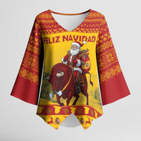 Personalized Spain Christmas Kimono Sleeve Blouse Santa Riding Red Bull Feliz Navidad - Wonder Print Shop