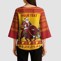 Personalized Spain Christmas Kimono Sleeve Blouse Santa Riding Red Bull Feliz Navidad - Wonder Print Shop
