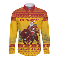 Personalized Spain Christmas Long Sleeve Button Shirt Santa Riding Red Bull Feliz Navidad - Wonder Print Shop