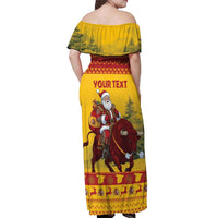 Personalized Spain Christmas Off Shoulder Maxi Dress Santa Riding Red Bull Feliz Navidad - Wonder Print Shop