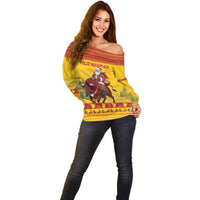 Personalized Spain Christmas Off Shoulder Sweater Santa Riding Red Bull Feliz Navidad - Wonder Print Shop