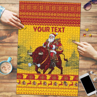 Personalized Spain Christmas Puzzle Santa Riding Red Bull Feliz Navidad - Wonder Print Shop
