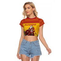 Personalized Spain Christmas Raglan Cropped T Shirt Santa Riding Red Bull Feliz Navidad - Wonder Print Shop