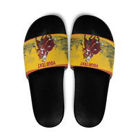 Personalized Spain Christmas Slide Sandals Santa Riding Red Bull Feliz Navidad - Wonder Print Shop