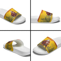 Personalized Spain Christmas Slide Sandals Santa Riding Red Bull Feliz Navidad - Wonder Print Shop