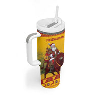 Personalized Spain Christmas Tumbler With Handle Santa Riding Red Bull Feliz Navidad - Wonder Print Shop