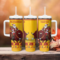 Personalized Spain Christmas Tumbler With Handle Santa Riding Red Bull Feliz Navidad - Wonder Print Shop