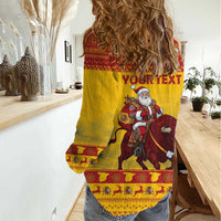 Personalized Spain Christmas Women Casual Shirt Santa Riding Red Bull Feliz Navidad - Wonder Print Shop
