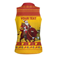 Personalized Spain Christmas Women Sleeveless Polo Shirt Santa Riding Red Bull Feliz Navidad - Wonder Print Shop