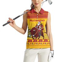 Personalized Spain Christmas Women Sleeveless Polo Shirt Santa Riding Red Bull Feliz Navidad - Wonder Print Shop