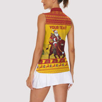 Personalized Spain Christmas Women Sleeveless Polo Shirt Santa Riding Red Bull Feliz Navidad - Wonder Print Shop