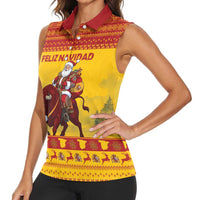 Personalized Spain Christmas Women Sleeveless Polo Shirt Santa Riding Red Bull Feliz Navidad - Wonder Print Shop