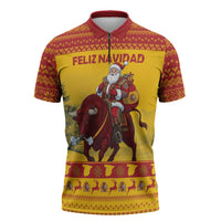 Personalized Spain Christmas Zipper Polo Shirt Santa Riding Red Bull Feliz Navidad - Wonder Print Shop