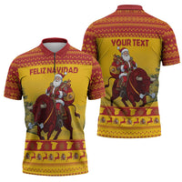 Personalized Spain Christmas Zipper Polo Shirt Santa Riding Red Bull Feliz Navidad - Wonder Print Shop