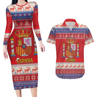 Spain Coat Of Arms Christmas Couples Matching Long Sleeve Bodycon Dress and Hawaiian Shirt Feliz Navidad - Wonder Print Shop