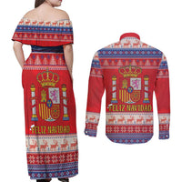 Spain Coat Of Arms Christmas Couples Matching Off Shoulder Maxi Dress and Long Sleeve Button Shirt Feliz Navidad - Wonder Print Shop