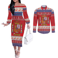 Spain Coat Of Arms Christmas Couples Matching Off The Shoulder Long Sleeve Dress and Long Sleeve Button Shirt Feliz Navidad - Wonder Print Shop
