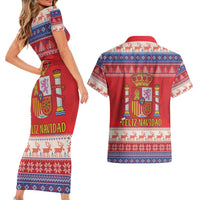 Spain Coat Of Arms Christmas Couples Matching Short Sleeve Bodycon Dress and Hawaiian Shirt Feliz Navidad - Wonder Print Shop