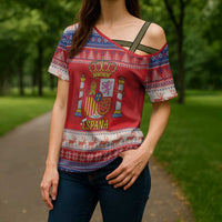 Spain Coat Of Arms Christmas Cross Shoulder Shirt Feliz Navidad - Wonder Print Shop