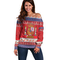 Spain Coat Of Arms Christmas Off Shoulder Sweater Feliz Navidad - Wonder Print Shop