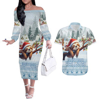 Merry Slothmas Couples Matching Off The Shoulder Long Sleeve Dress and Hawaiian Shirt Life Is Better With A Sloth - Wonder Print Shop