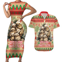 Slothy Christmas Couples Matching Short Sleeve Bodycon Dress and Hawaiian Shirt Life Is Good Take It Slow - Wonder Print Shop