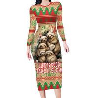 Slothy Christmas Family Matching Long Sleeve Bodycon Dress and Hawaiian Shirt Life Is Good Take It Slow - Wonder Print Shop