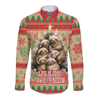 Slothy Christmas Long Sleeve Button Shirt Life Is Good Take It Slow - Wonder Print Shop