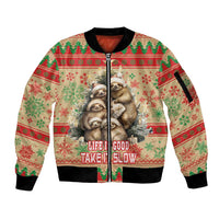 Slothy Christmas Sleeve Zip Bomber Jacket Life Is Good Take It Slow - Wonder Print Shop