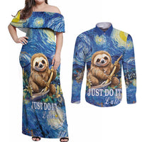 Sloth Starry Night Couples Matching Off Shoulder Maxi Dress and Long Sleeve Button Shirt I'm Not Lazy - Wonder Print Shop