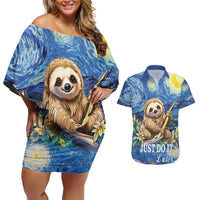 Sloth Starry Night Couples Matching Off Shoulder Short Dress and Hawaiian Shirt I'm Not Lazy - Wonder Print Shop