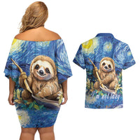 Sloth Starry Night Couples Matching Off Shoulder Short Dress and Hawaiian Shirt I'm Not Lazy - Wonder Print Shop