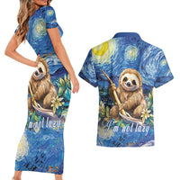 Sloth Starry Night Couples Matching Short Sleeve Bodycon Dress and Hawaiian Shirt I'm Not Lazy - Wonder Print Shop