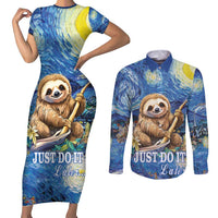 Sloth Starry Night Couples Matching Short Sleeve Bodycon Dress and Long Sleeve Button Shirt I'm Not Lazy - Wonder Print Shop