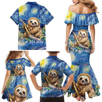 Sloth Starry Night Family Matching Mermaid Dress and Hawaiian Shirt I'm Not Lazy - Wonder Print Shop