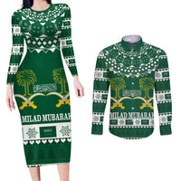 Saudi Arabia Christmas Couples Matching Long Sleeve Bodycon Dress and Long Sleeve Button Shirt Coat Of Arms Milad Mubarak - Wonder Print Shop