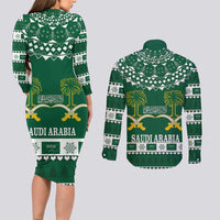 Saudi Arabia Christmas Couples Matching Long Sleeve Bodycon Dress and Long Sleeve Button Shirt Coat Of Arms Milad Mubarak - Wonder Print Shop
