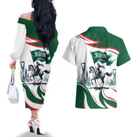 Saudi Arabia Horse Riders Couples Matching Off The Shoulder Long Sleeve Dress and Hawaiian Shirt Arab Style - Wonder Print Shop