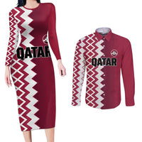 Custom Qatar Football Couples Matching Long Sleeve Bodycon Dress and Long Sleeve Button Shirt Maroon One Go Champion - Wonder Print Shop