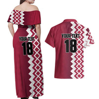 Custom Qatar Football Couples Matching Off Shoulder Maxi Dress and Hawaiian Shirt Maroon One Go Champion - Wonder Print Shop