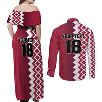 Custom Qatar Football Couples Matching Off Shoulder Maxi Dress and Long Sleeve Button Shirt Maroon One Go Champion - Wonder Print Shop