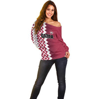 Custom Qatar Football Off Shoulder Sweater Maroon One Go Champion - Wonder Print Shop