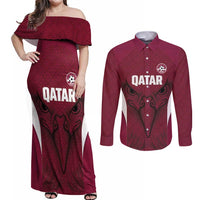Custom Qatar Football Couples Matching Off Shoulder Maxi Dress and Long Sleeve Button Shirt Maroon Falcon Spirit Red Version - Wonder Print Shop